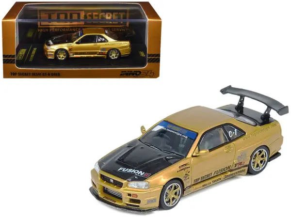 Nissan Skyline GT-R (R34) RHD (Right Hand Drive) "Top Secret" Gold Metallic with Carbon Hood and Trunk 1/64 Diecast Model Car by Inno Models #1