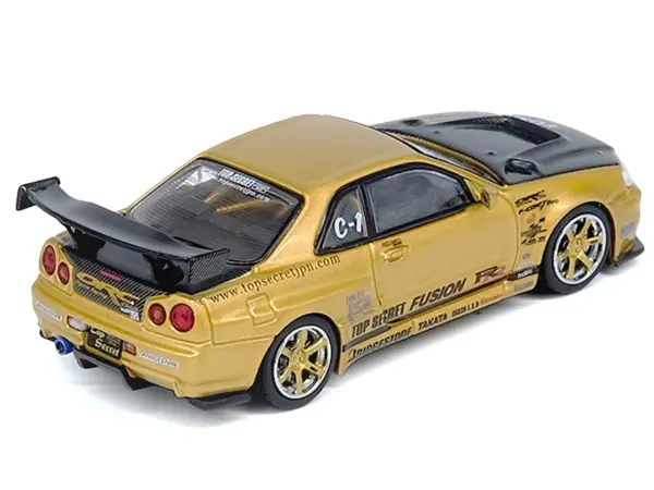 Nissan Skyline GT-R (R34) RHD (Right Hand Drive) "Top Secret" Gold Metallic with Carbon Hood and Trunk 1/64 Diecast Model Car by Inno Models #2