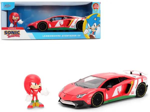 Lamborghini Aventador SV Red with Graphics and Knuckles Diecast Figure "Sonic The Hedgehog" Franchise "Hollywood Rides" Series 1/24 Diecast Model by Jada #1
