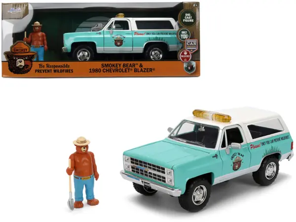 1980 Chevrolet Blazer Light Green with White Top and Graphics and Smokey Bear Diecast Figure "Smokey Bear" "Hollywood Rides" Series 1/24 Diecast Model by Jada #1