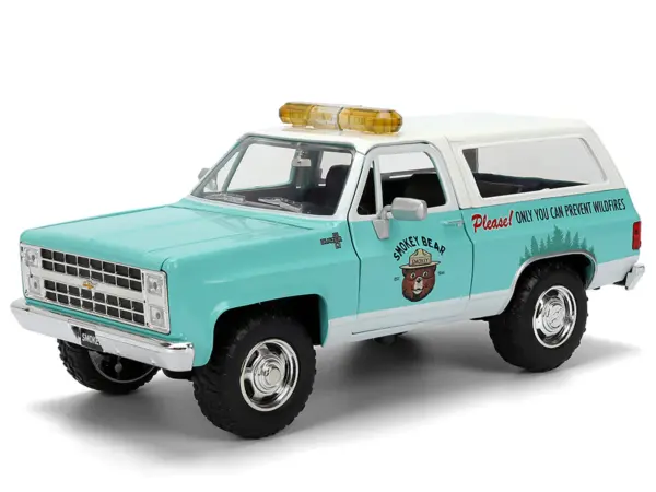 1980 Chevrolet Blazer Light Green with White Top and Graphics and Smokey Bear Diecast Figure "Smokey Bear" "Hollywood Rides" Series 1/24 Diecast Model by Jada #2