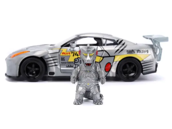 2009 Nissan GT-R (R35) Ben Sopra Brushed Metal with Black Top and Graphics and Mechagodzilla Diecast Figure "Godzilla" Franchise "Anime Hollywood Rides" Series 1/24 Diecast Model by Jada #5