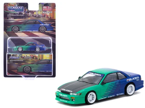 Nissan Silvia (S13) Vertex RHD (Right Hand Drive) "Falken Tires" Green and Blue wuth Carbon Hood "Global64" Series 1/64 Diecast Model by Tarmac Works #1