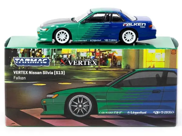 Nissan Silvia (S13) Vertex RHD (Right Hand Drive) "Falken Tires" Green and Blue wuth Carbon Hood "Global64" Series 1/64 Diecast Model by Tarmac Works #3