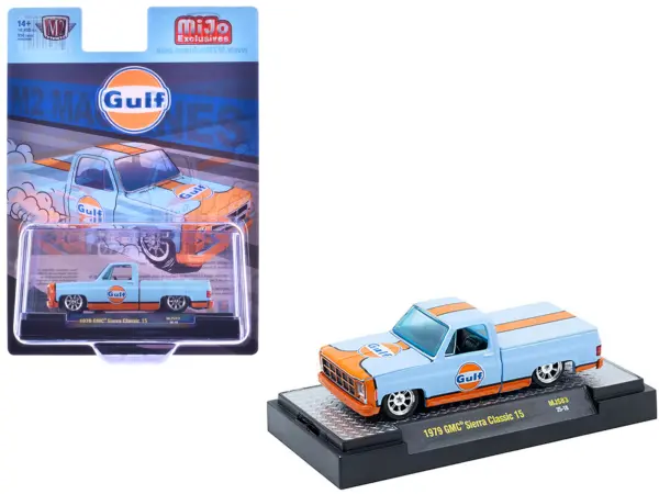 1979 GMC Sierra Classic 15 Pickup Truck "Gulf Oil" Light Blue with Orange Stripe Limited Edition to 10450 pieces Worldwide 1/64 Diecast Model Car by M2 Machines #1