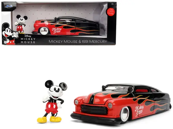 1951 Mercury Coupe Black with Flame Graphics and Red Interior and Mickey Mouse Diecast Figure "Disney's Mickey Mouse" "Hollywood Rides" Series 1/24 Diecast Model Car by Jada #1