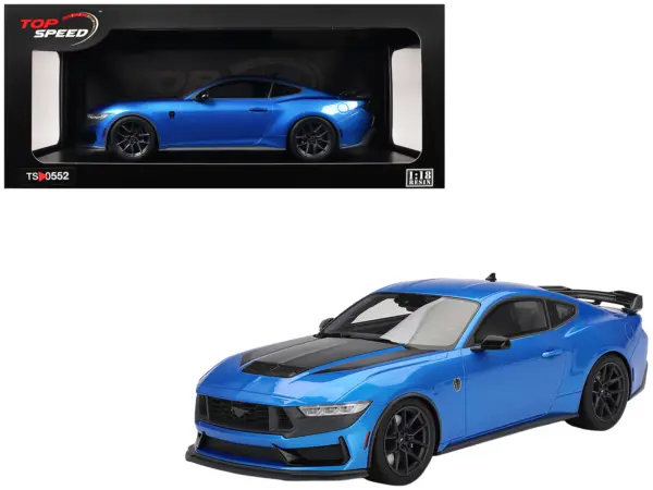 2024 Ford Mustang Dark Horse Grabber Blue Metallic with Black Hood Stripes 1/18 Model Car by Top Speed #1