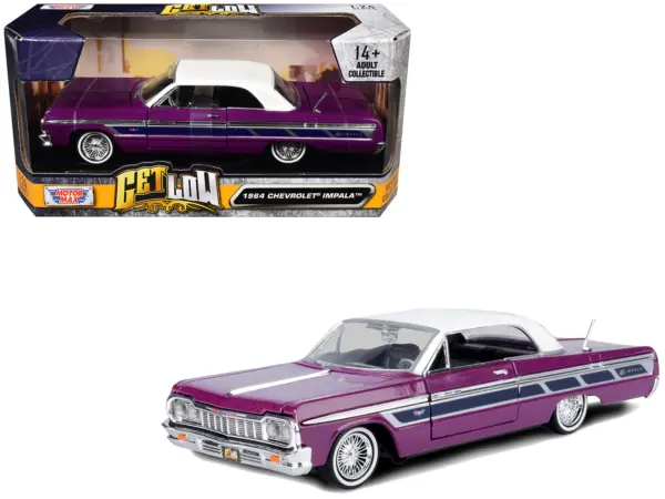 1964 Chevrolet Impala Lowrider Hard Top Purple Metallic with White Top "Get Low" Series 1/24 Diecast Model Car by Motormax #1