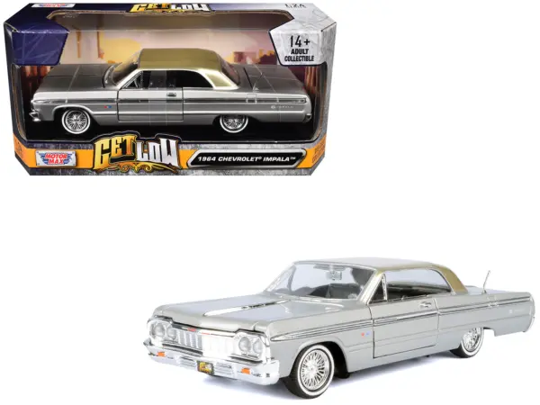 1964 Chevrolet Impala Lowrider Hard Top Silver Metallic with Gold Metallic Top "Get Low" Series 1/24 Diecast Model Car by Motormax #1