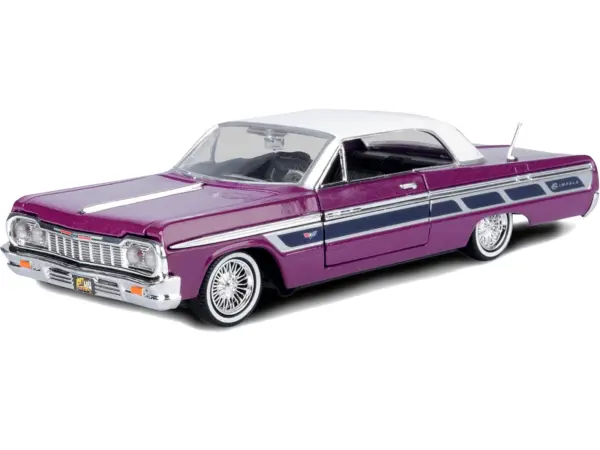 1964 Chevrolet Impala Lowrider Hard Top Purple Metallic with White Top "Get Low" Series 1/24 Diecast Model Car by Motormax #2