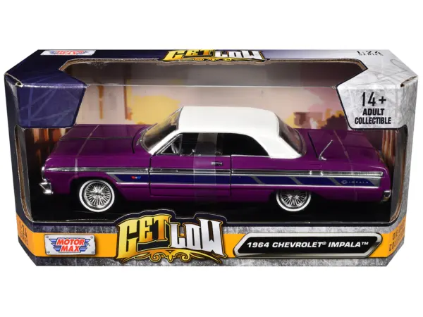 1964 Chevrolet Impala Lowrider Hard Top Purple Metallic with White Top "Get Low" Series 1/24 Diecast Model Car by Motormax #3