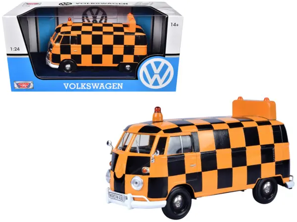 Volkswagen Type 2 (T1) Airport Runway Delivery Van Black and Orange Checkered 1/24 Diecast Model Car by Motormax #1