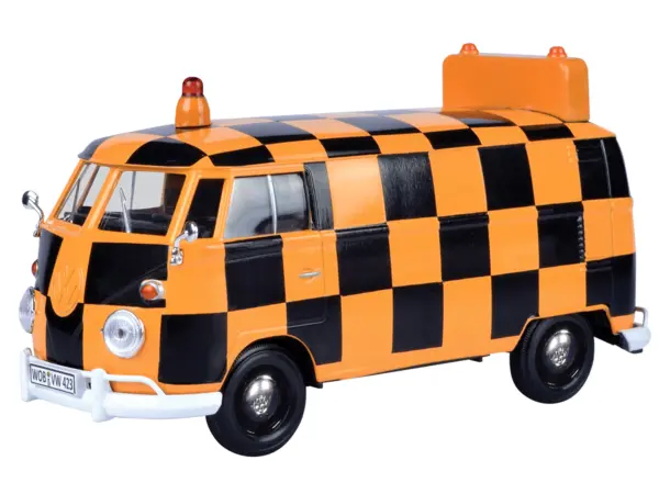 Volkswagen Type 2 (T1) Airport Runway Delivery Van Black and Orange Checkered 1/24 Diecast Model Car by Motormax #2