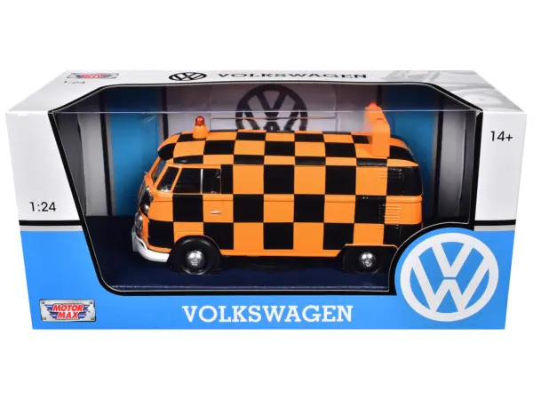 Volkswagen Type 2 (T1) Airport Runway Delivery Van Black and Orange Checkered 1/24 Diecast Model Car by Motormax #3
