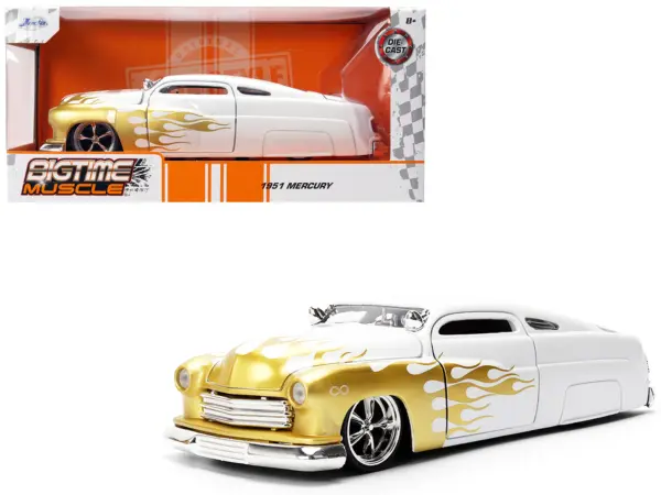 1951 Mercury Coupe White with Gold Flames "Bigtime Muscle" Series 1/24 Diecast Model Car by Jada #1