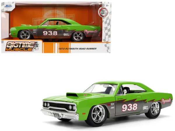 1970 Plymouth Road Runner #938 Green and Gray Metallic "Bigtime Muscle" Series 1/24 Diecast Model Car by Jada #1