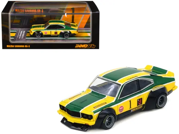 Mazda RX-3 Savanna RHD (Right Hand Drive) #1 "Katayama Racing Livery" Green and Yellow Striped 1/64 Diecast Model Car by Inno Models #1