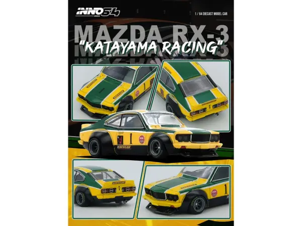 Mazda RX-3 Savanna RHD (Right Hand Drive) #1 "Katayama Racing Livery" Green and Yellow Striped 1/64 Diecast Model Car by Inno Models #2