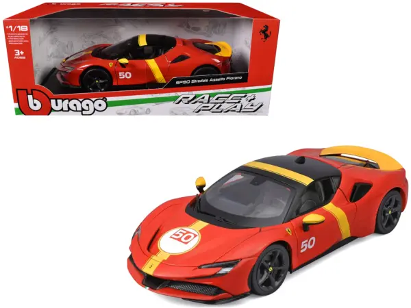 Ferrari SF90 Stradale Assetto Fiorano #50 Red with Black Top and Yellow Stripes "Race + Play" Series 1/18 Diecast Model Car by Bburago #1