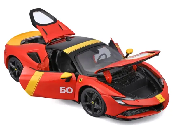 Ferrari SF90 Stradale Assetto Fiorano #50 Red with Black Top and Yellow Stripes "Race + Play" Series 1/18 Diecast Model Car by Bburago #2