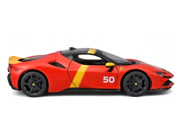 Ferrari SF90 Stradale Assetto Fiorano #50 Red with Black Top and Yellow Stripes "Race + Play" Series 1/18 Diecast Model Car by Bburago #3