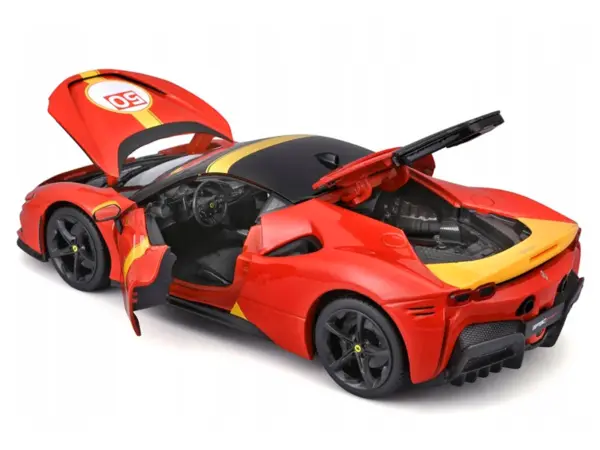 Ferrari SF90 Stradale Assetto Fiorano #50 Red with Black Top and Yellow Stripes "Race + Play" Series 1/18 Diecast Model Car by Bburago #4