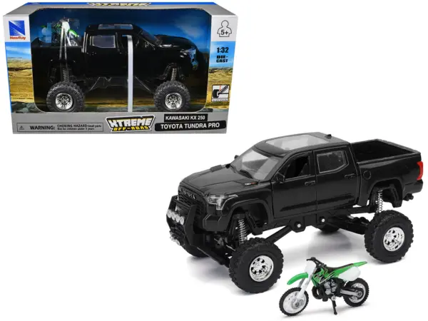 Toyota Tundra Pro Pickup Truck Black and Kawasaki KX 250 Motorcycle Green and White "Xtreme Off-Road" Series 1/32 Diecast Models by New Ray #1