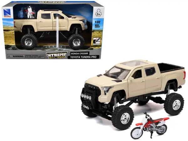 Toyota Tundra Pro Pickup Truck Tan and Honda CR250R Motorcycle Red and White "Xtreme Off-Road" Series 1/32 Diecast Models by New Ray #1