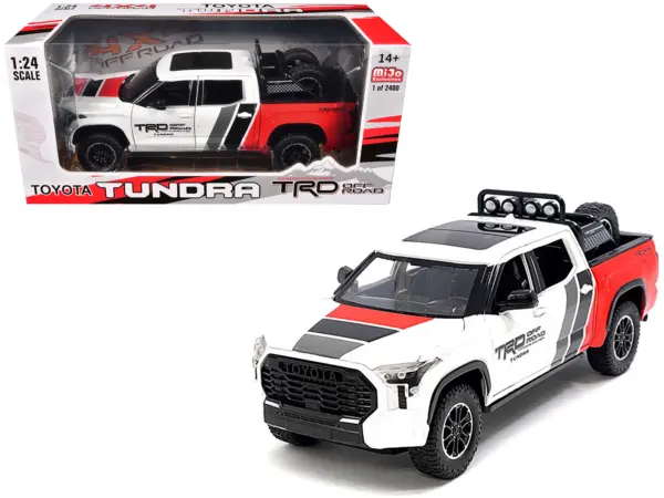 2023 Toyota Tundra TRD 4x4 Pickup Truck White and Red with Black and Gray Stripes with Sunroof and Wheel Rack Limited Edition to 2400 pieces Worldwide 1/24 Diecast Model Car #1
