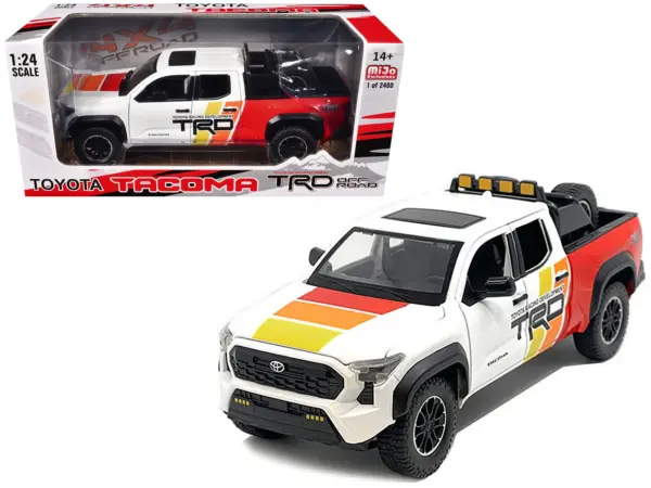2024 Toyota Tacoma TRD Off Road Edition Pickup Truck White and Red with TRD Stripes with Sunroof and Wheel Rack Limited Edition to 2400 pieces Worldwide 1/24 Diecast Model Car #1