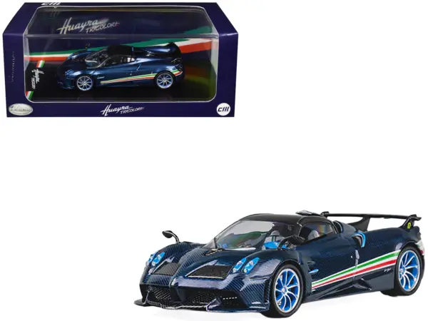 Pagani Huayra Tricolore Blue Carbon Metallic with Black Carbon Top and Italian Flag Stripes 1/64 Diecast Model Car by CM Model #1