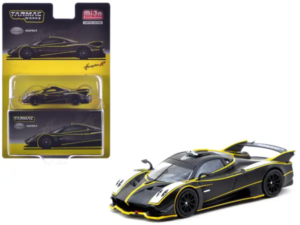Pagani Huayra R Matt Black with Silver Accents and Yellow Stripes "Global64" Series 1/64 Diecast Model by Tarmac Works #1