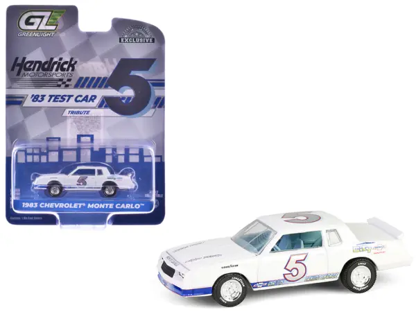 1983 Chevrolet Monte Carlo #5 "Hendrick Motorsports First Test Car Tribute" White with Blue Stripes and Interior "Hobby Exclusive" Series 1/64 Diecast Model Car by Greenlight #1