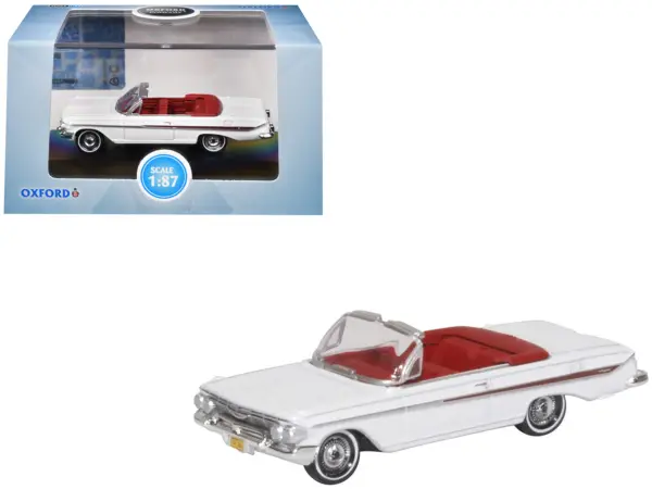 1961 Chevrolet Impala Convertible Ermine White with Roman Red Interior 1/87 (HO) Scale Diecast Model Car by Oxford Diecast #1