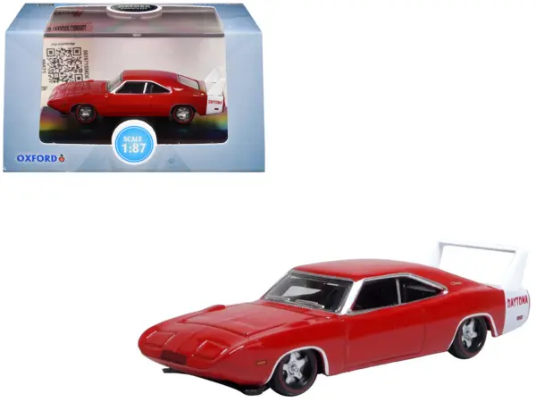 1969 Dodge Charger Daytona Red with White Stripe 1/87 (HO) Scale Diecast Model Car by Oxford Diecast #1