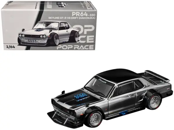 Skyline GT-R V8 Drift "Hakosuka" RHD (Right Hand Drive) Silver Chrome with Black Hood and Top 1/64 Diecast Model Car by Pop Race #1