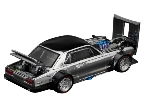 Skyline GT-R V8 Drift "Hakosuka" RHD (Right Hand Drive) Silver Chrome with Black Hood and Top 1/64 Diecast Model Car by Pop Race #3