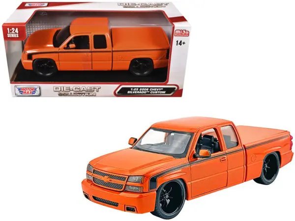 2006 Chevrolet Silverado Custom Pickup Truck Orange Metallic with Black Stripes "Die-Cast Collection" Series 1/25 Diecast Model Car by Motormax #1