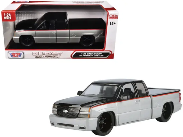 2006 Chevrolet Silverado Custom Pickup Truck Silver Metallic and Black with Red Stripes "Die-Cast Collection" Series 1/25 Diecast Model Car by Motormax #1