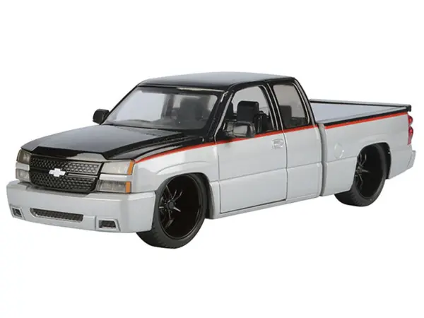2006 Chevrolet Silverado Custom Pickup Truck Silver Metallic and Black with Red Stripes "Die-Cast Collection" Series 1/25 Diecast Model Car by Motormax #2