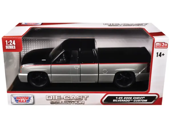 2006 Chevrolet Silverado Custom Pickup Truck Silver Metallic and Black with Red Stripes "Die-Cast Collection" Series 1/25 Diecast Model Car by Motormax #3