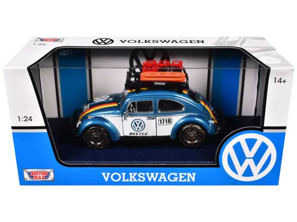 1966 Volkswagen Beetle Off Road #1718 Blue Metallic and White with German Flag Stripes and Roof Rack Accessories 1/24 Diecast Model Car by Motormax #3