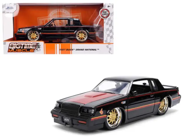 1987 Buick Grand National Black with Matt Red Hood and Stripes "Bigtime Muscle" Series 1/24 Diecast Model Car by Jada #1