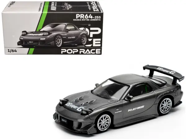 Mazda RX7 (FD) "RE Amemiya" Widebody RHD (Right Hand Drive) Gunmetal Gray Metallic with Carbon Hood 1/64 Diecast Model Car by Pop Race #1