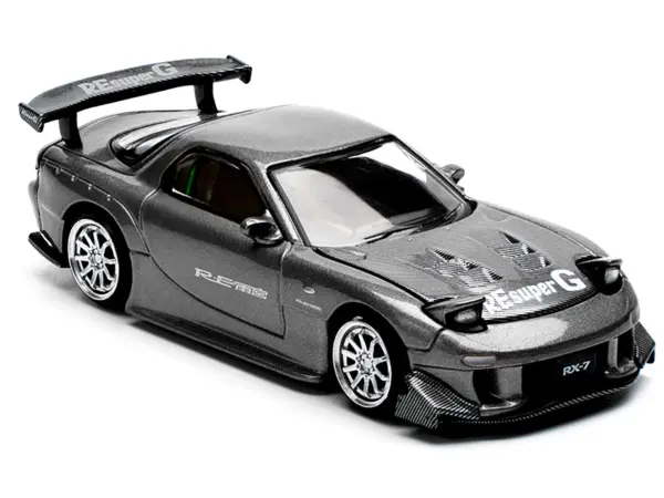 Mazda RX7 (FD) "RE Amemiya" Widebody RHD (Right Hand Drive) Gunmetal Gray Metallic with Carbon Hood 1/64 Diecast Model Car by Pop Race #4