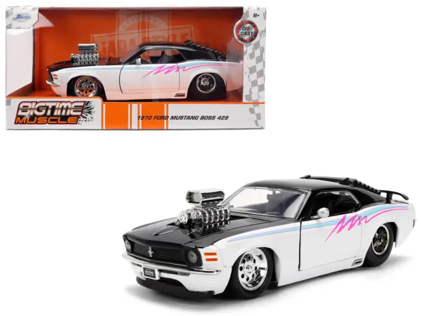 1970 Ford Mustang Boss 429 Black and White with Graphics "Bigtime Muscle" Series 1/24 Diecast Model Car by Jada #1
