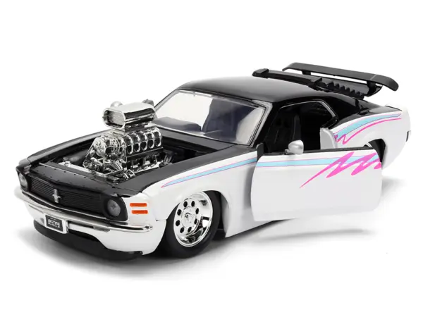 1970 Ford Mustang Boss 429 Black and White with Graphics "Bigtime Muscle" Series 1/24 Diecast Model Car by Jada #2