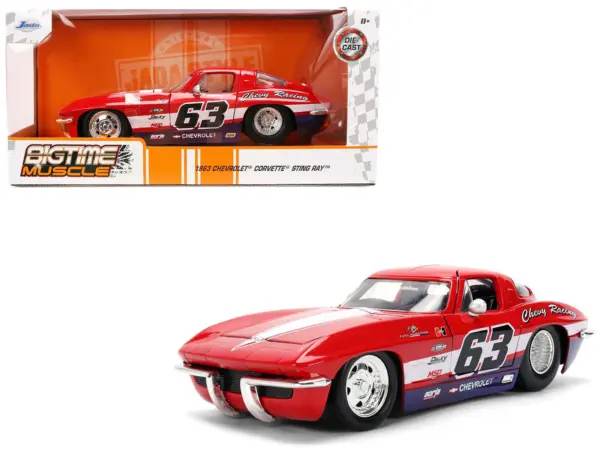 1963 Chevrolet Corvette Stingray #63 "Chevy Racing" Red with White and Blue Stripes "Bigtime Muscle" Series 1/24 Diecast Model Car by Jada #1