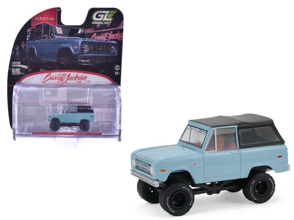1972 Ford Bronco Custom SUV Light Blue with Black Top "Barrett-Jackson" Series 16 1/64 Diecast Model Car by Greenlight #1