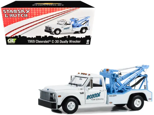 1969 Chevrolet C-30 Dually Wrecker Tow Truck "Roscoe Tow Service" White "Starsky and Hutch" (1975-1979) TV Series 1/18 Diecast Model Car by Greenlight #1